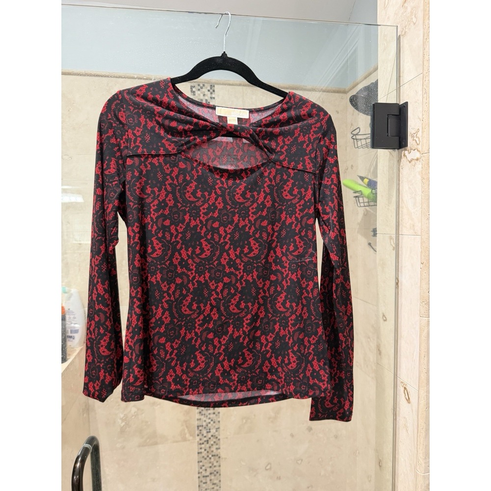 Michael Kors Twisted Open Front Top Crimson Red Lace Print Blouse Womens Medium
